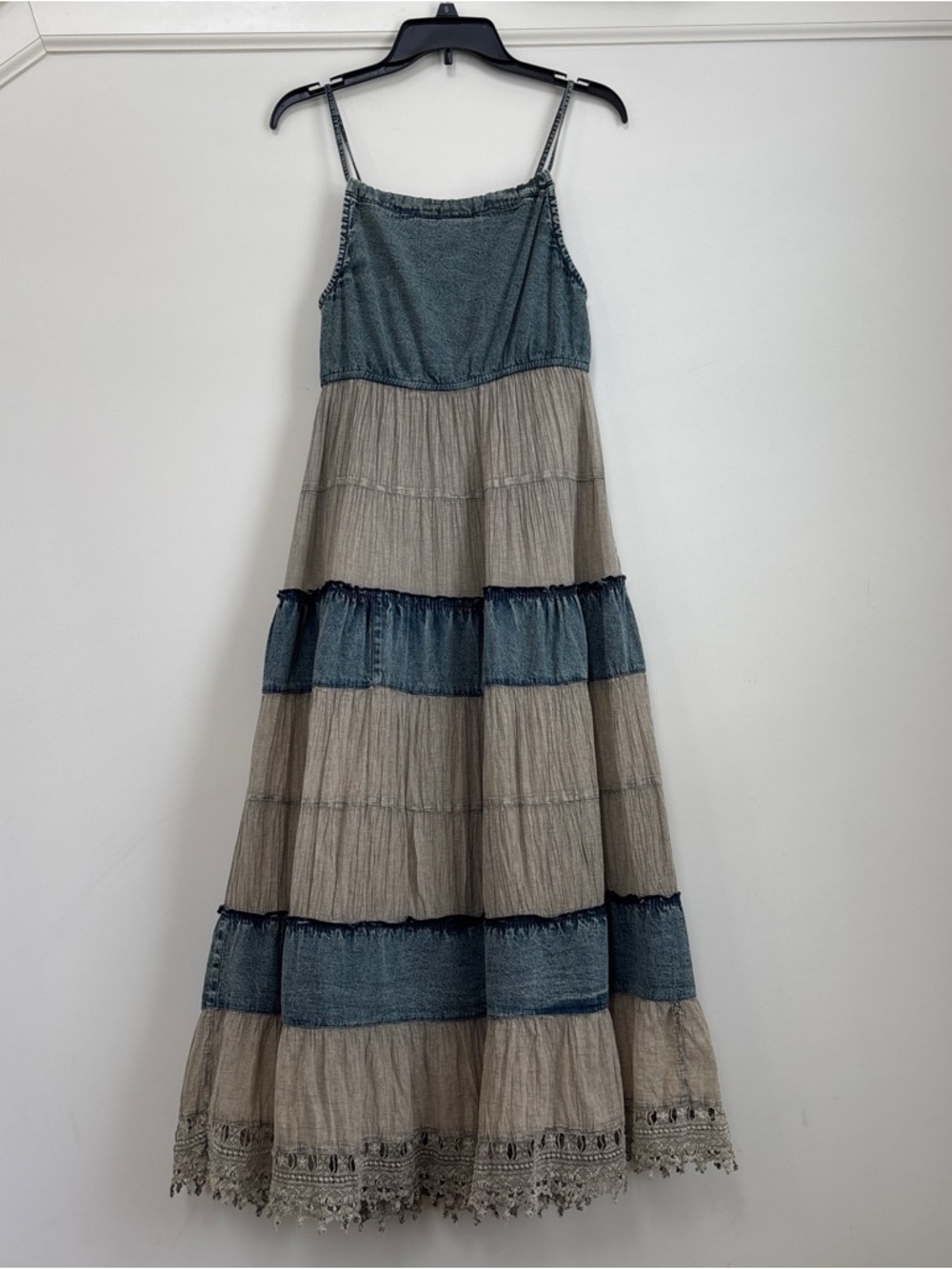 Young Threads Boho Denim Patchwork Tiered Maxi Dress NWT - Picture 8 of 10